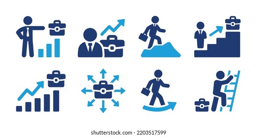 Career, job and work icon set. Containing businessman with case icon. Achievement symbol vector illustration.