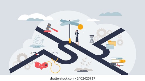 Career journey and crossroads with professional decisions tiny person concept. Work future with good health insurance and skills development vector illustration. Strategy planning and route guidance.