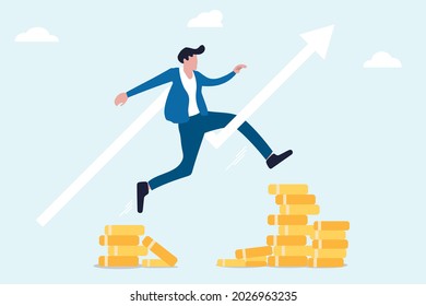 Career Jump - Businessman Jumping From Stack Of Coins To More Money. Opportunity, Business Progress And More Pay Concept. Concept Of Striving For Financial Success, Moving Towards A Goal.