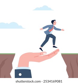 Career jump help. Hand of supporting in business or work progress. Man jumping over hole with helping of boss, job support recent vector scene