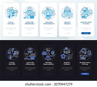 Career ladder advancement onboarding mobile app page screen. Success walkthrough 5 steps graphic instructions with concepts. UI, UX, GUI vector template with night and day mode illustrations