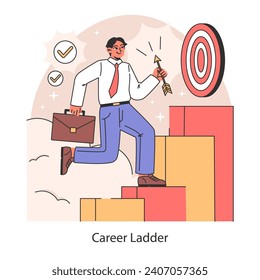 Career ladder. Ascent to success and goal achievement with ambition and effort. Business man climbing the corporate steps with confidence and aim. Flat vector illustration.