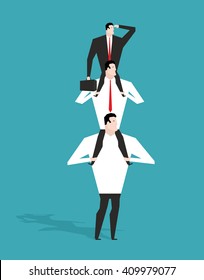Career ladder. Boss sitting on shoulders of deputy. Head sits on neck of manager. Director is looking at building long-range business strategy. Infographics hierarchy in company. Workers career system