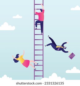 Career ladder, business competition. One successful businessman rises to success, colleagues competitors fall down. Confident entrepreneur rises to a goal, profit or wealth. flat vector illustration