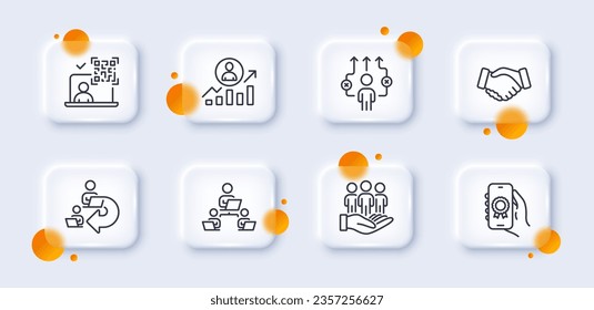 Career ladder, Business way and Award app line icons pack. 3d glass buttons with blurred circles. Delegate work, Teamwork, Qr code web icon. Best buyers, Handshake pictogram. Vector