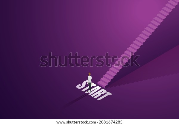 Career ladder of a business woman standing\
on the first step ladder Taking on new career challenges for women\
gender equality Businesswoman ready to go up the stairs. isometric\
vector illustration.