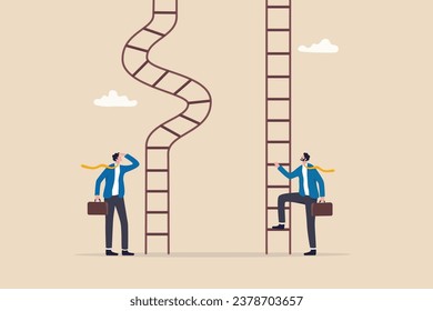 Career ladder challenge, difficulty step growth, different job opportunity or ambition, climbing ladder with obstacle concept, businessmen about to climb up easy and difficult career ladder.