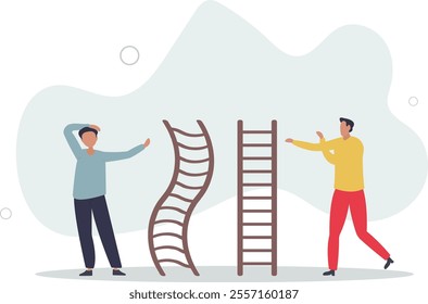 Career ladder challenge, difficulty step growth, different job opportunity or ambition, climbing ladder with obstacle concept.flat characters.