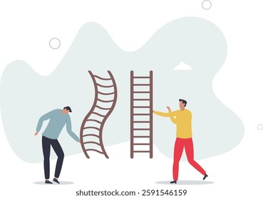Career ladder challenge, difficulty step growth, different job opportunity or ambition, climbing ladder with obstacle concept.flat character life .