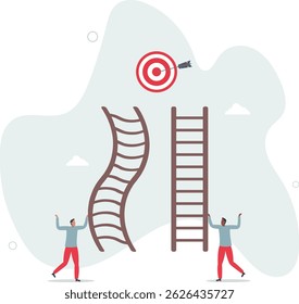 Career ladder challenge, difficulty step growth, different job opportunity or ambition, climbing ladder with obstacle concept. character life .