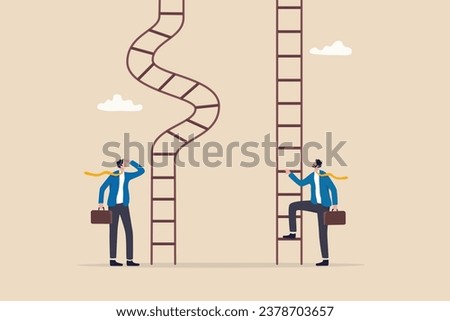 Career ladder challenge, difficulty step growth, different job opportunity or ambition, climbing ladder with obstacle concept, businessmen about to climb up easy and difficult career ladder.