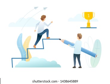 Career ladder climb flat vector illustration. Successful businessman moving up corporate staircase cartoon character. Business promotion, teamwork metaphor. People create opportunity, way to success.