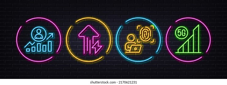 Career ladder, Computer fingerprint and Energy growing minimal line icons. Neon laser 3d lights. 5g wifi icons. For web, application, printing. Manager results, Biometric access, Power usage. Vector