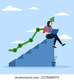career ladder concept or achievement in work ,Woman career growth,Office person sitting on ladder with laptop computer and arrow pointing up. Flat design vector illustration