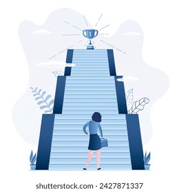 Career ladder, concept banner. Female worker or manager stands at the foot of high staircase. Ladder to success with prize at the top. Business development, startup. Flat vector illustration