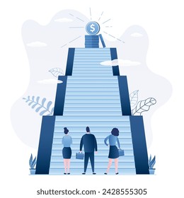 Career ladder, concept banner. Group of workers or managers stands at the foot of high staircase. Ladder to success with money prize at the top. Business development, startup. Flat vector illustration