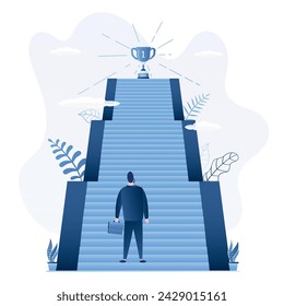 Career ladder, concept banner. Male worker or manager stands at the foot of high staircase. Ladder to success with prize at the top. Business development, startup. Flat vector illustration