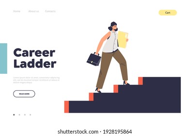 Career ladder concept of landing page with businesswoman moving upstairs at development stairs. Successful business woman growing up in business. Cartoon flat vector illustration