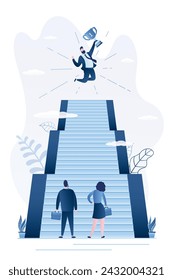 Career ladder, concept Two beginner workers or managers stands at foot of high staircase. Ladder to success, successful businessman with winner prize at top. Business development, startup. Flat vector