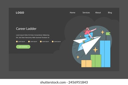 Career ladder dark or night mode web, landing. Ascent to success and goal achievement with ambition and effort. Business woman climbing the corporate steps. Flat vector illustration.