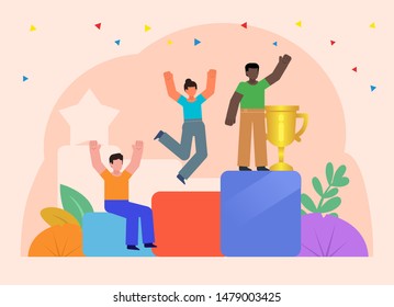 Career ladder, growth steps. People stand on pedestal, celebrate success, victory. Flat design vector illustration. Poster for social media, web page, banner, presentation