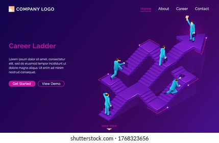 Career ladder isometric landing page. New opportunity, way to success. Businessman choose road stand at confused stairs, make decision, solution and choice for job and life path. 3d vector web banner