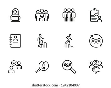 Career ladder line icon set. Set of line icons on white background. Human resource concept. Employee, hiring, HR manager. Vector illustration can be used for topics like work, hiring, career