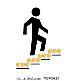 Career ladder. A man climbs up the stairs of coins. Vector illustration. 