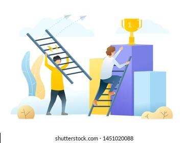 Career ladder metaphor flat vector illustration. Rival businessmen, office workers cartoon characters. Business competition, ambitious colleagues rivalry. Success achievement, job promotion.