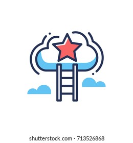 Career ladder - modern vector line design single icon. An image of a cloud with star floating and a staircase leading to it. Job promotion symbol for business web site, online game achievement