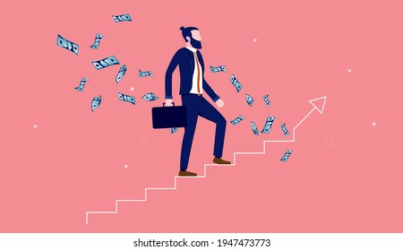 Career ladder and money - Businessman walking up stairs earning money. Business and career growth concept. Vector illustration.