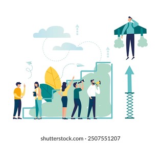 career ladder and personal success. man flying up on plane professional and personal growth. Businessman Flying UP New Startup. vector illustration Growth and Progress