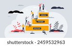Career ladder for professional growth and development tiny person concept. Personal progress in company positions as motivation for achievements vector illustration. Climb steps for job promotion.
