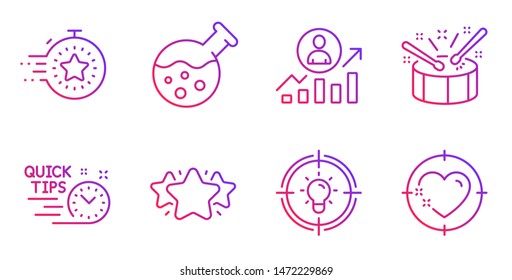 Career ladder, Quick tips and Timer line icons set. Drums, Star and Chemistry lab signs. Idea, Heart target symbols. Manager results, Helpful tricks. Gradient career ladder icon. Vector