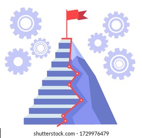 Career ladder or staircase that lead to target. Red flag waving on mountain peak. Hard thorny way to goal and success of life. Cogwheels on background of stairs. Vector illustration in flat style