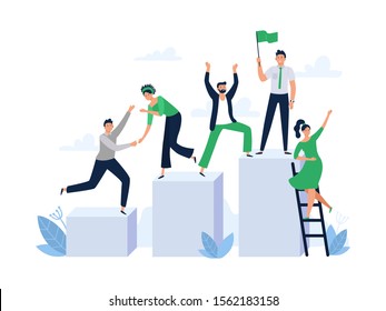 Career ladder with team people. Office worker hold flag, group leader and team building. Business work achievement, leadership character competition growth flat vector illustration