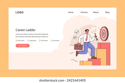 Career ladder web or landing. Ascent to success and goal achievement with ambition and effort. Business man climbing the corporate steps with confidence and aim. Flat vector illustration.