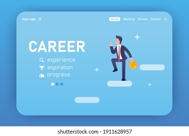 Career. Landing page template. Vector concept of success. Joyful businessman in a suit steps up the stairs. Progress, aspiration, experience. Freelance. Can be used for web banners and sites.