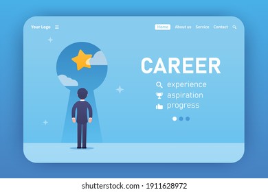 Career. Landing Page Template. Vector Concept Of Problem Solving. The Businessman Stands With His Back And Looks Into The Turnkey Hole In Which He Sees A Bright Future. Progress, Aspiration.    