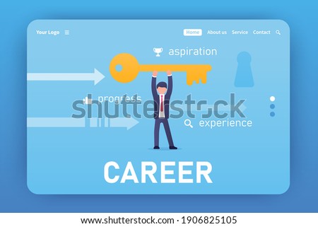 Career. Landing page template. Vector concept of a key to all problems in business. A businessman in a suit stands with big golden keys in his hands. Progress, aspiration, experience. Freelance.