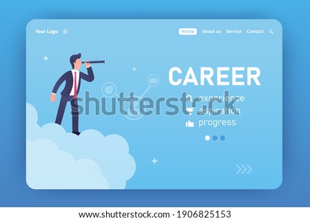 Career. Landing page template. Vector concept of finding new ideas. A businessman in a suit looks through the late tube to find new horizons and ideas. Freelance. Progress, aspiration, experience.