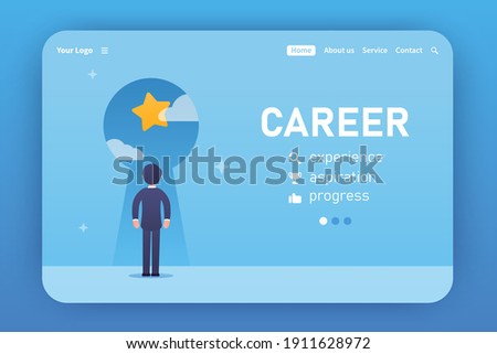 Career. Landing page template. Vector concept of problem solving. The businessman stands with his back and looks into the turnkey hole in which he sees a bright future. Progress, aspiration.    