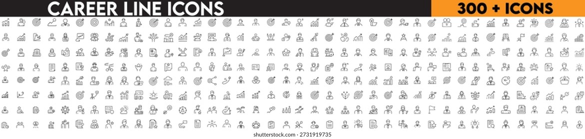 Conjunto de iconos de línea de carrera sobre promoción de empleo, crecimiento, objetivos, objetivos, rendimiento, liderazgo, gestión, estrategia, reclutamiento, currículum, éxito, contratación. con fondo blanco
