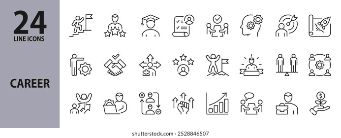 Iconos de la línea de carrera establecidos con éxito, crecimiento, trabajo, objetivos, motivación, logros. Trazo editable