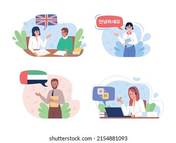 Career in linguistics 2D vector isolated illustration set. Flat characters on cartoon background. Colourful scene collection for website, presentation. Lora, Adobe Gothic Std B, KozGoPr6N fonts used