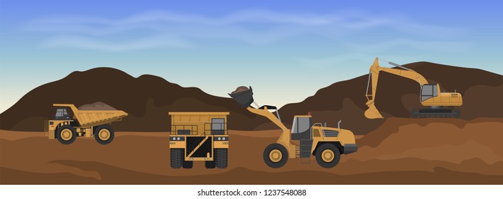 Career machinery. Wheel loader, excavator and dumper in mine. Industrial landscape. Earth work panorama. Vector illustration