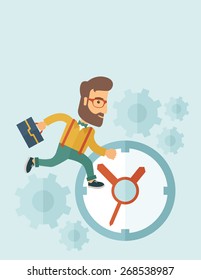 Career man with his bag chasing running clock pursuing a deadline of his report. Time management concept. A contemporary style with pastel palette, soft blue tinted background. Vector flat design