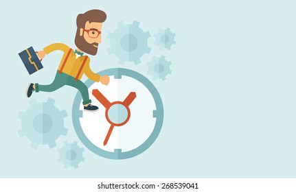 Career man with his bag chasing running clock pursuing a deadline of his report. Time management concept. A contemporary style with pastel palette, soft blue tinted background. Vector flat design