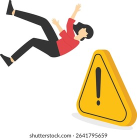 Career mistakes or setbacks, crises and risks in business investments or operations, businessmen falling at warning signs stock illustration

