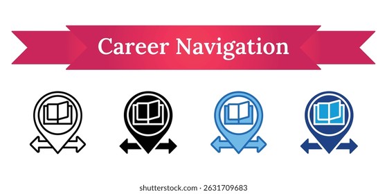 Career Navigation - Multi Style Outline, Glyph Silhouette, Blue, Dual Tone Icon - A map pin with arrows and a book, illustrating educational guidance and career direction